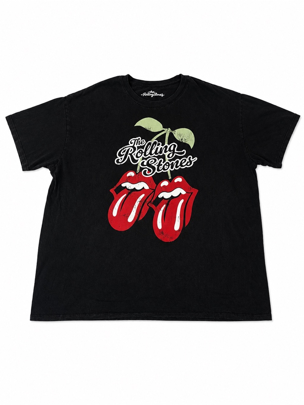the Rolling Stones Black Tee with Red Tongues and Green Leaf